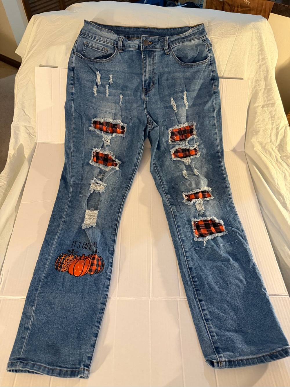 #238 Lee Women's Distressed Jeans with Plaid Patches & Pumpkin Graphic